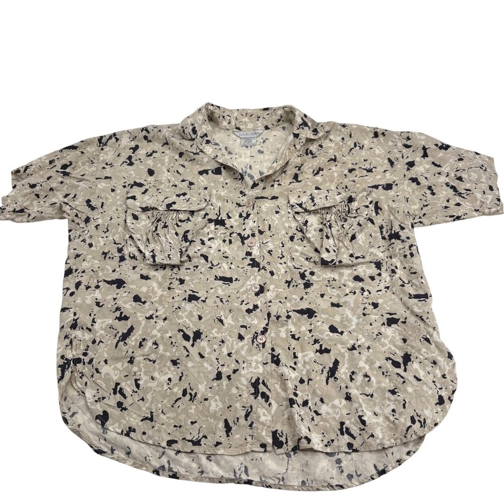 Paula Saker 100% Silk‎ Camouflage Short Sleeve Button-Up Shirt Size M